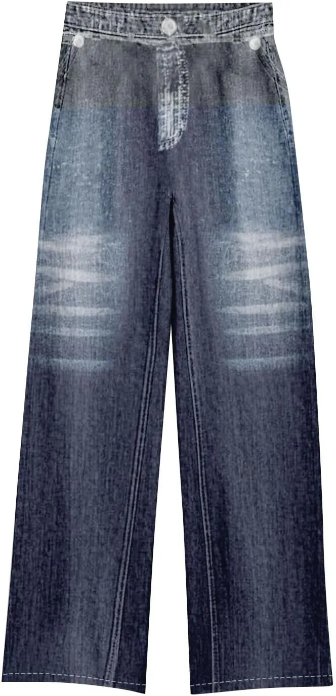 GOFULY French Terry Sweatpants That Look Like Jeans,Denim Print Wide Leg Pants Stretchy Elastic Waisted Sweatpants Casual