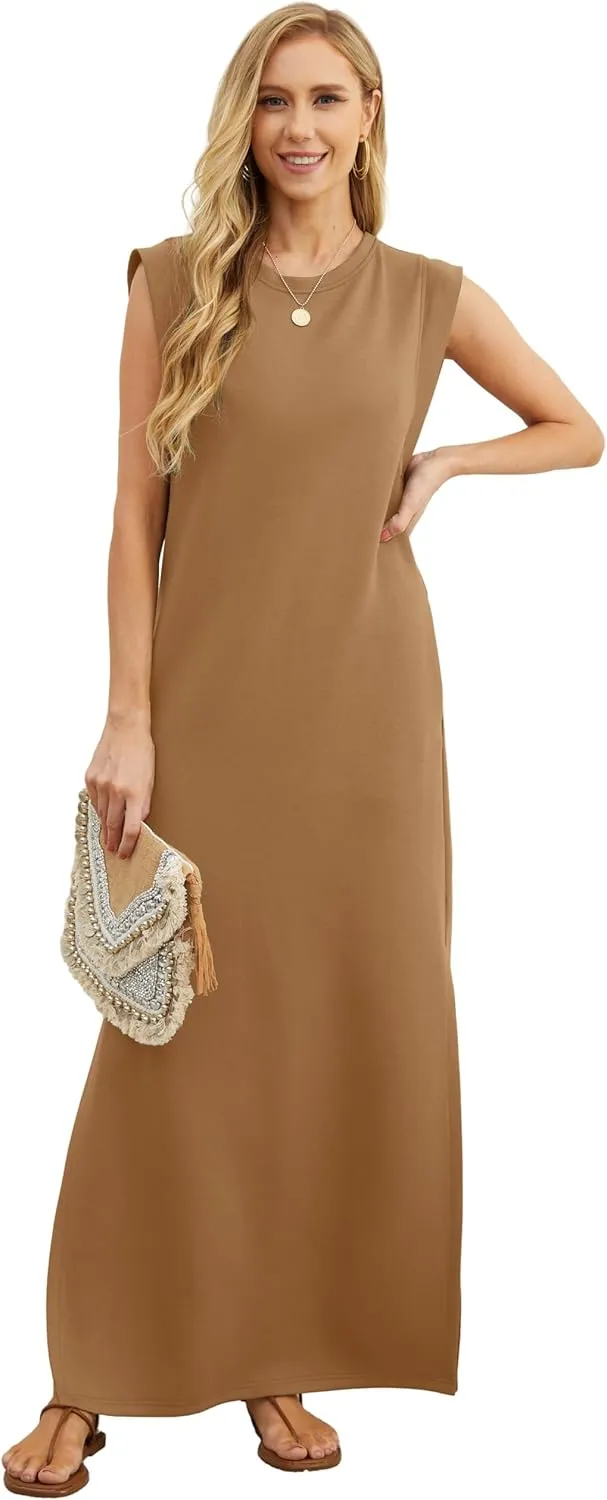 GRECERELLE 2025 Women Summer Round Neck Casual Loose Split Wrinkle-Free Long Maxi Vacation Dress with Pockets (XS-3XL)