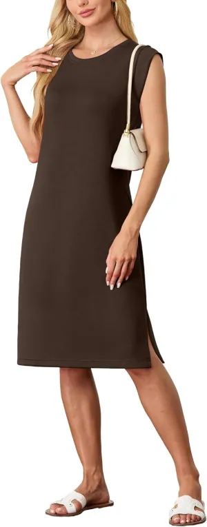 GRECERELLE 2025 Women Summer Round Neck Casual Loose Split Wrinkle-Free Midi Dress with Pockets (XS-3XL)
