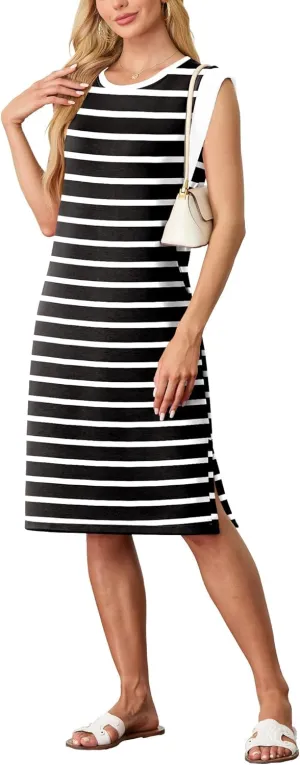 GRECERELLE 2025 Women Summer Round Neck Casual Loose Split Wrinkle-Free Midi Dress with Pockets (XS-3XL)