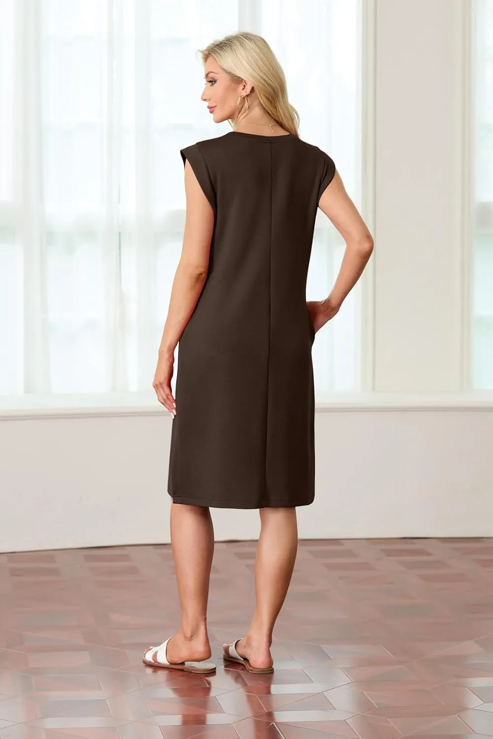 GRECERELLE 2025 Women Summer Round Neck Casual Loose Split Wrinkle-Free Midi Dress with Pockets (XS-3XL)