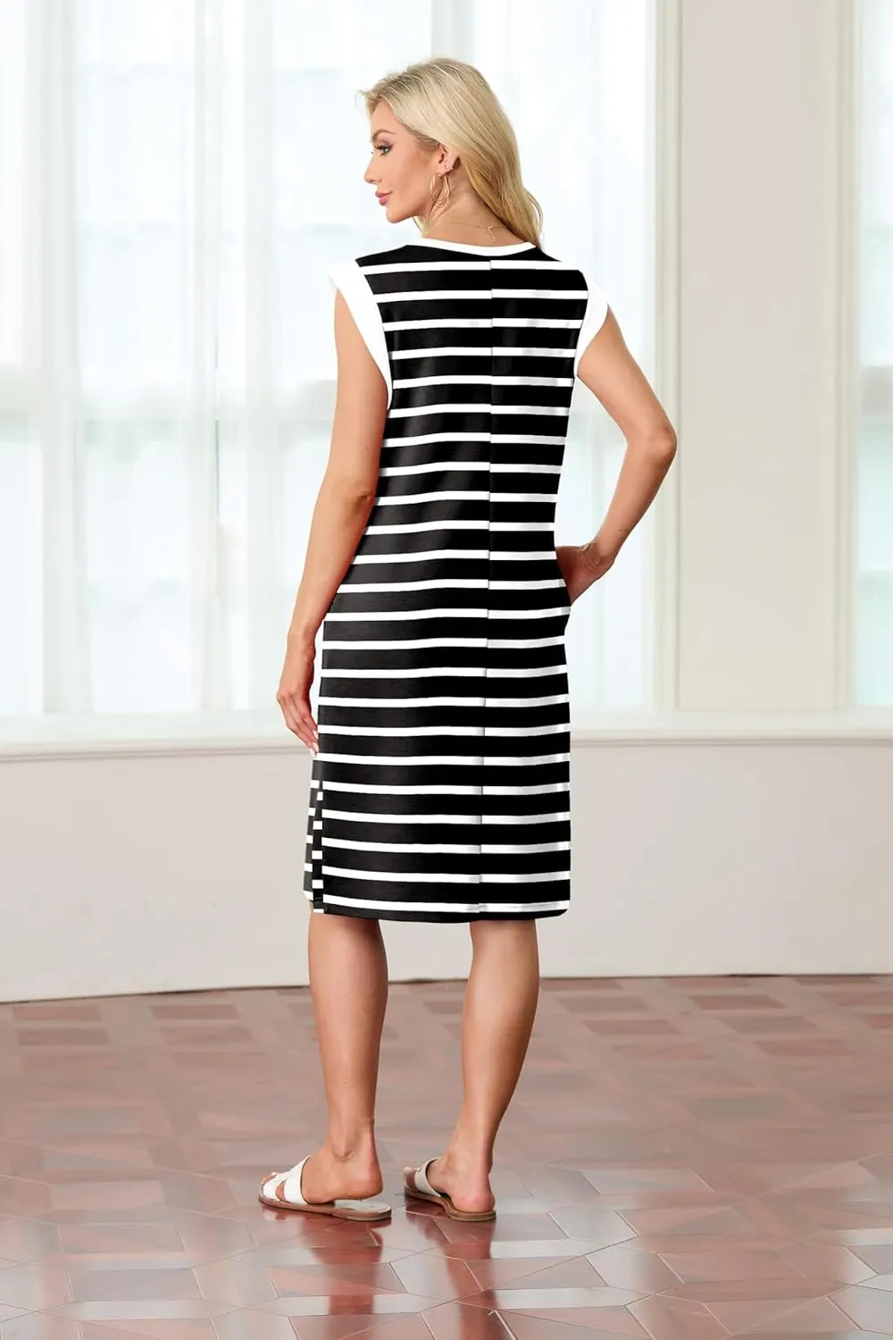 GRECERELLE 2025 Women Summer Round Neck Casual Loose Split Wrinkle-Free Midi Dress with Pockets (XS-3XL)