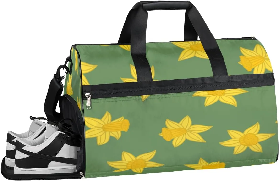 Green Daffodils Bright Sports Gym Bag with Wet Pocket & Shoes Compartment Waterproof Workout Duffel Bag for Women and Men Weekender Overnight Duffle Bag Travel Carry-on Tote