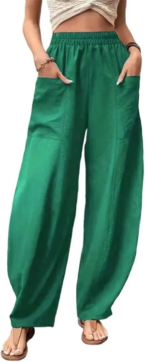 High Waist Relaxed Fit Lantern Trousers Plus Size Cotton Linen Casual Summer Elastic Pants for Women