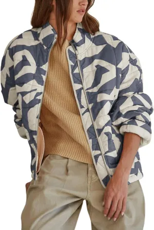 Hongsui Women's Printed Quilted Jacket Zip Up Puffer Jacket Lightweight Patchwork Bomber Jacket
