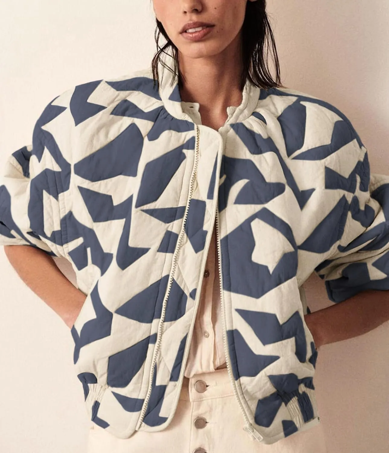 Hongsui Women's Printed Quilted Jacket Zip Up Puffer Jacket Lightweight Patchwork Bomber Jacket