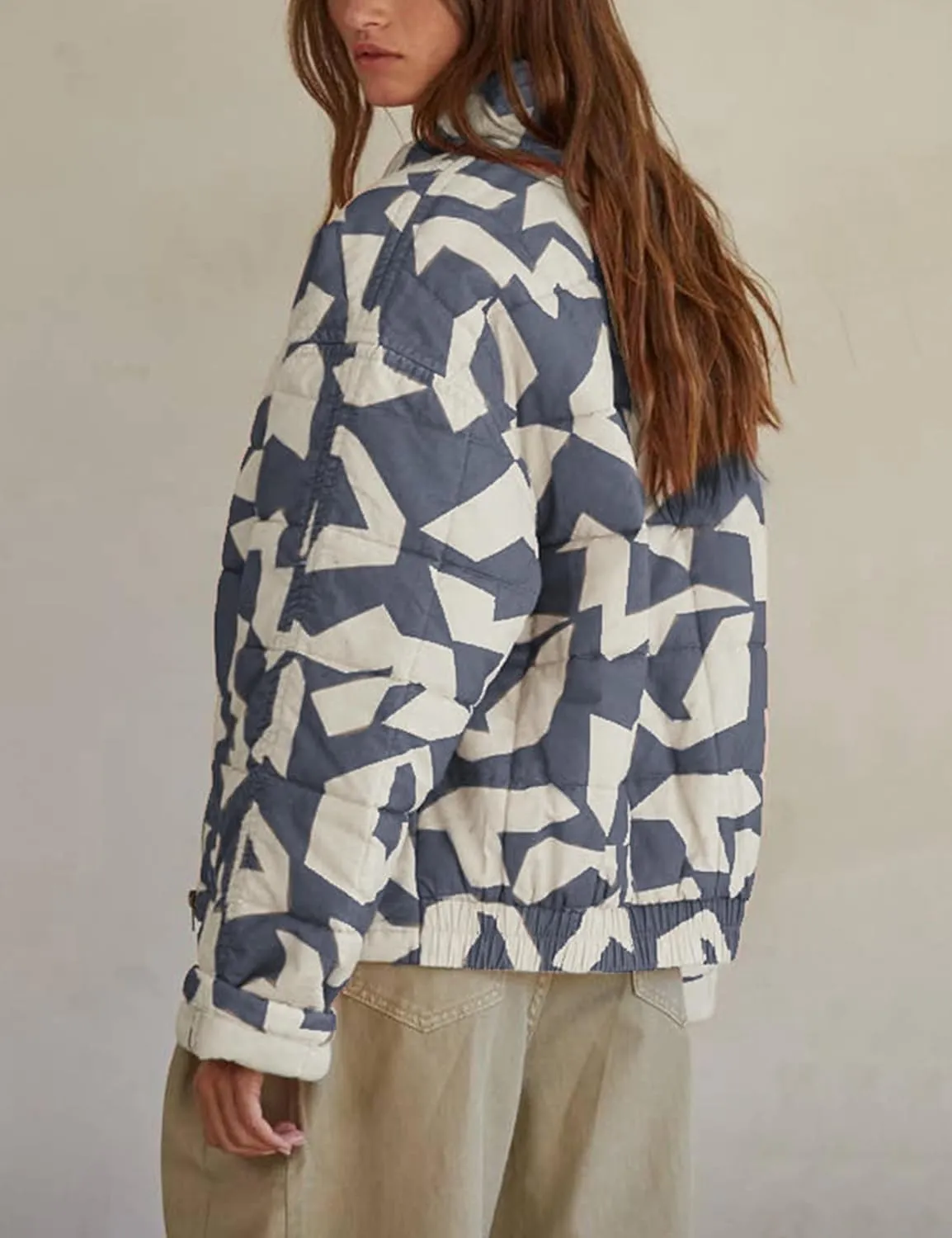 Hongsui Women's Printed Quilted Jacket Zip Up Puffer Jacket Lightweight Patchwork Bomber Jacket