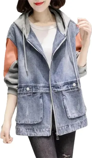 Hooded Denim Jacket For Women Spring Autumn Loose Trench Coat Cowgirl Baseball Uniform Windbreakers