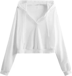 Hoodies For Women Long Sleeves Crew Neck Solid Color Drawstring Hood Cropped Hoodies Fashion Pullover Tops