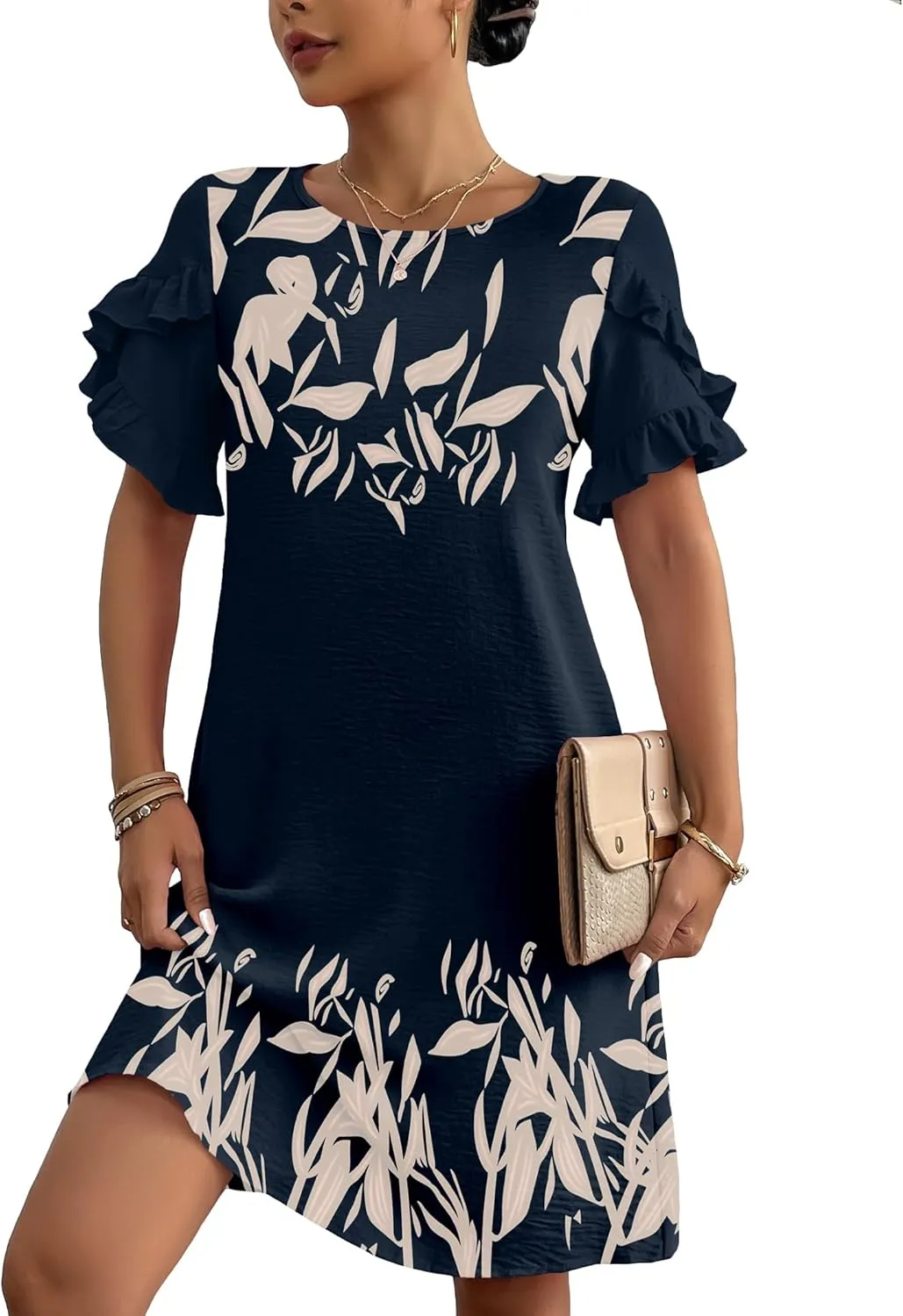 HOTOUCH Womens Summer Dress 2025 Short Sleeve A-Line Mini Dress Casual Crew Neck Shift Dress Beach Sundress with Pockets