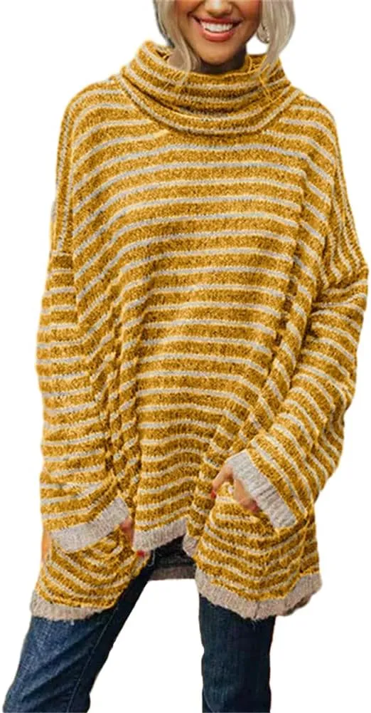HOULENGS Women's 2023 Striped Turtleneck Pullover Sweater Oversized Long Sleeve Ribbed Knit Jumper Tops with Pockets