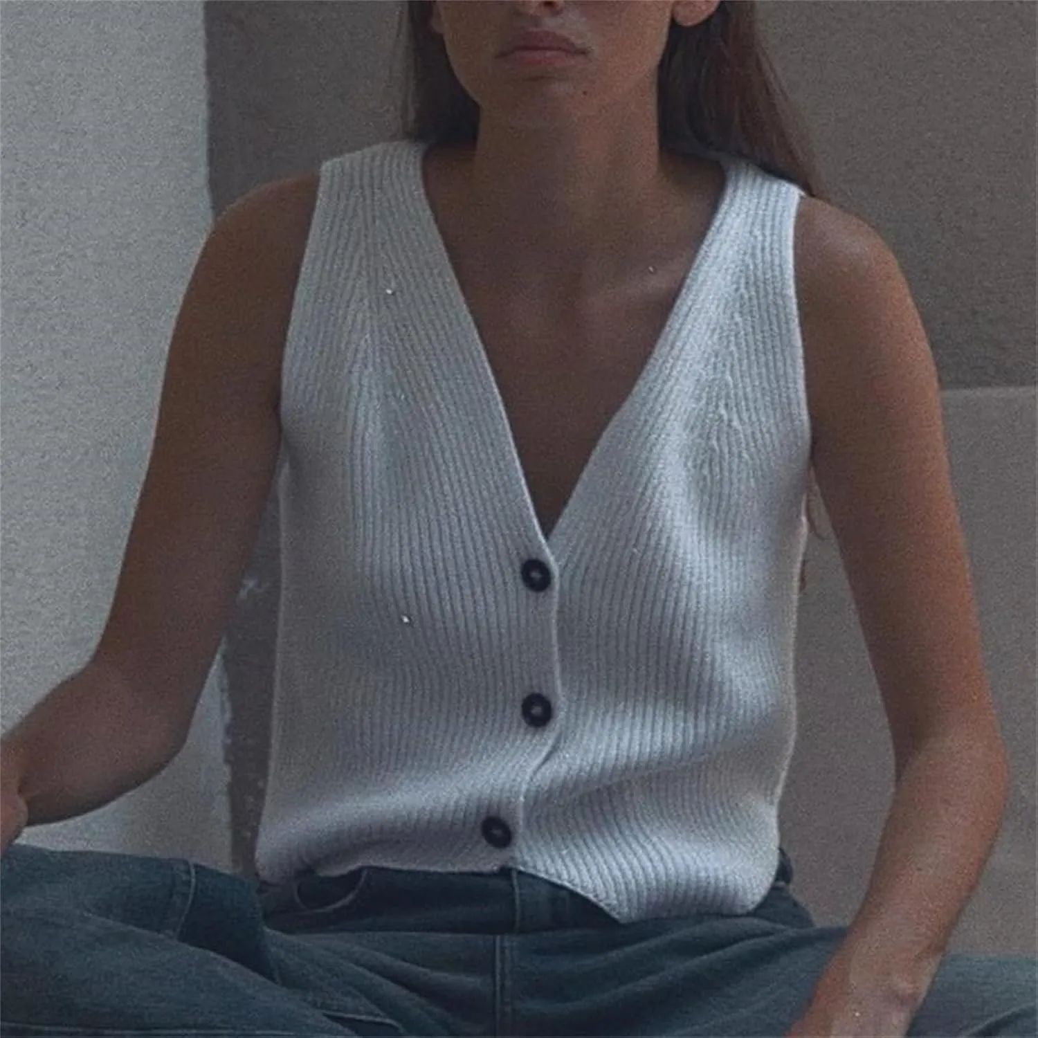 HOULENGS Women's 2024 Casual Sleeveless Chunky Knit Cardigan Sweater Button Down V Neck Sweater Vests