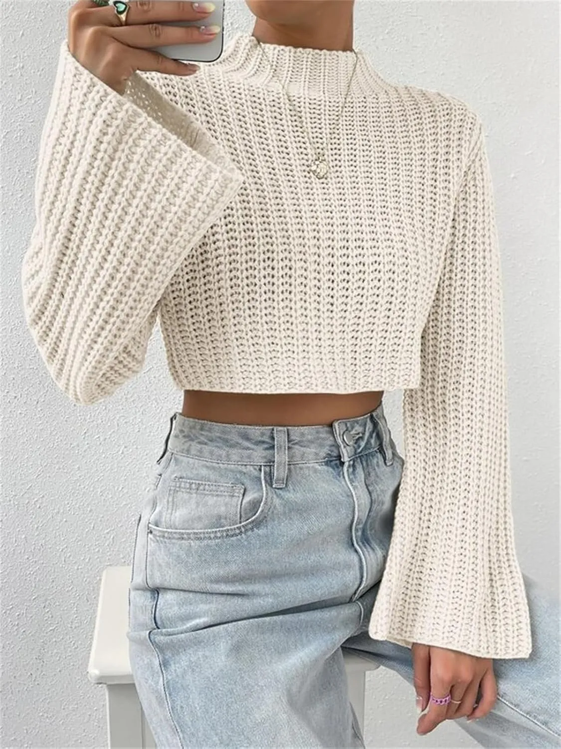 HOULENGS Women's Casual Mock Neck Chunky Knit Cropped Sweater Bell Long Sleeve Ribbed Knit Pullover Tops