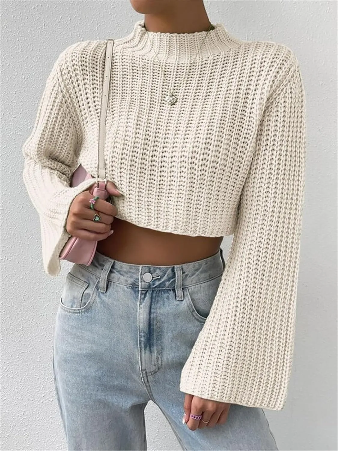 HOULENGS Women's Casual Mock Neck Chunky Knit Cropped Sweater Bell Long Sleeve Ribbed Knit Pullover Tops
