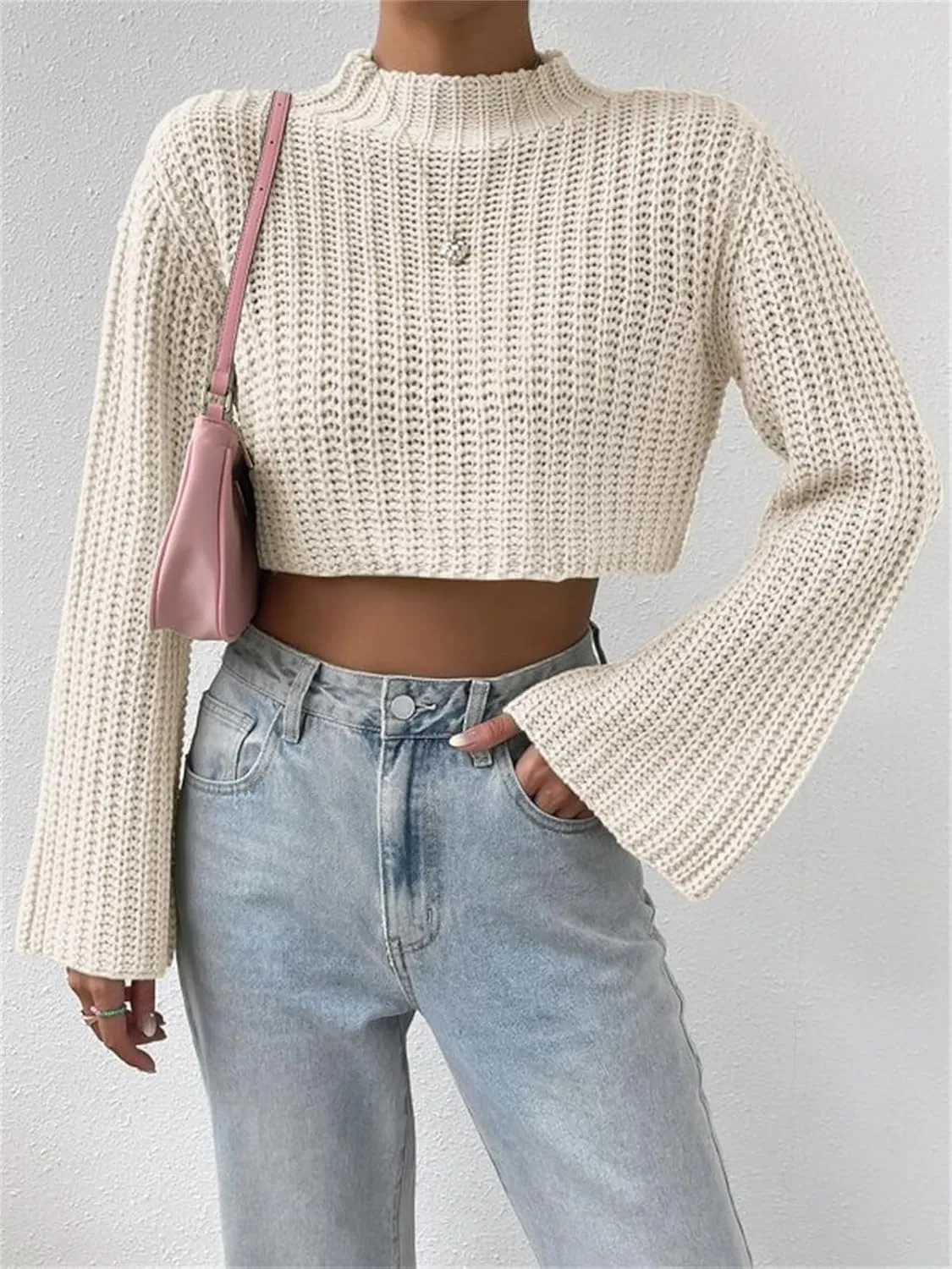 HOULENGS Women's Casual Mock Neck Chunky Knit Cropped Sweater Bell Long Sleeve Ribbed Knit Pullover Tops