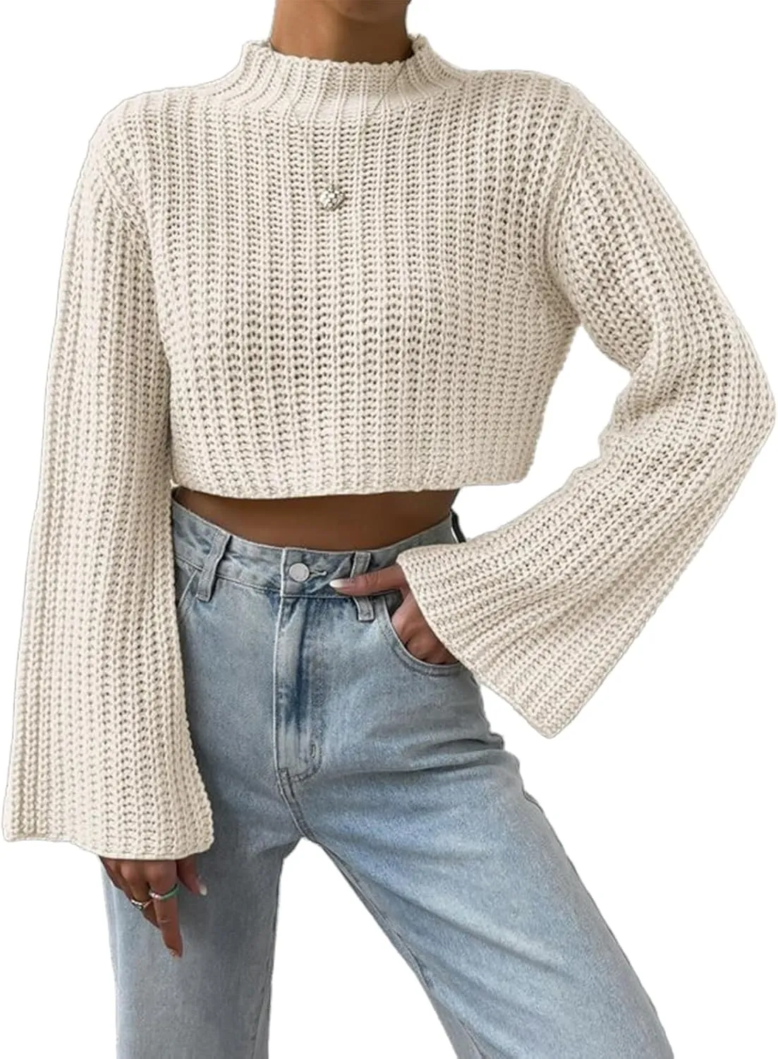HOULENGS Women's Casual Mock Neck Chunky Knit Cropped Sweater Bell Long Sleeve Ribbed Knit Pullover Tops