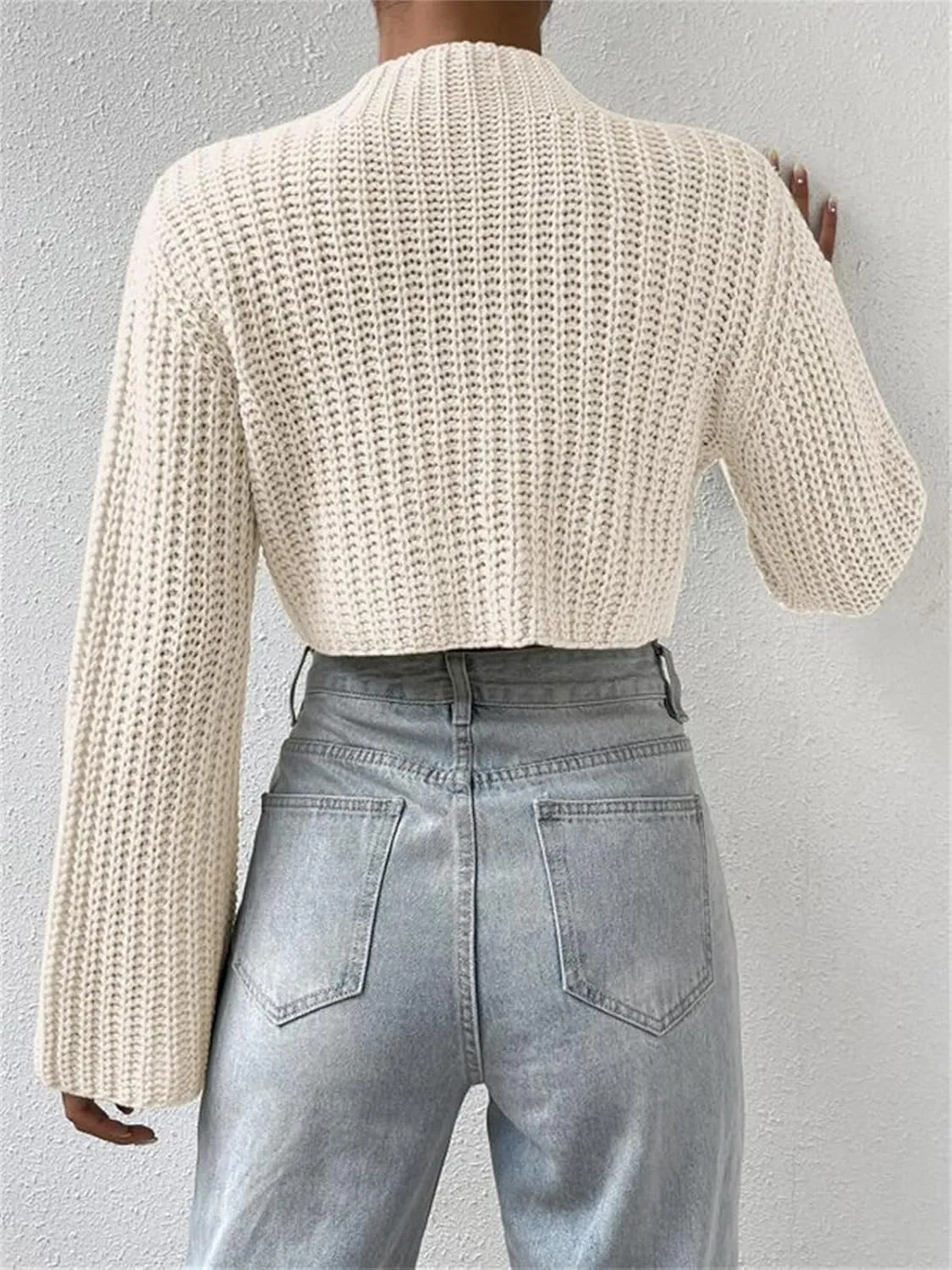 HOULENGS Women's Casual Mock Neck Chunky Knit Cropped Sweater Bell Long Sleeve Ribbed Knit Pullover Tops