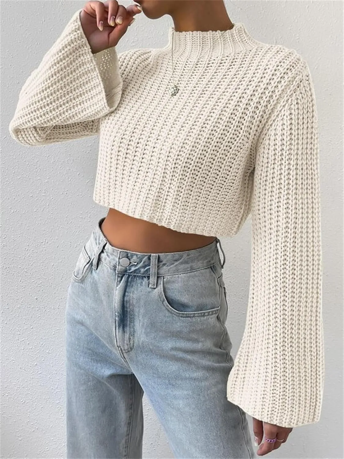 HOULENGS Women's Casual Mock Neck Chunky Knit Cropped Sweater Bell Long Sleeve Ribbed Knit Pullover Tops