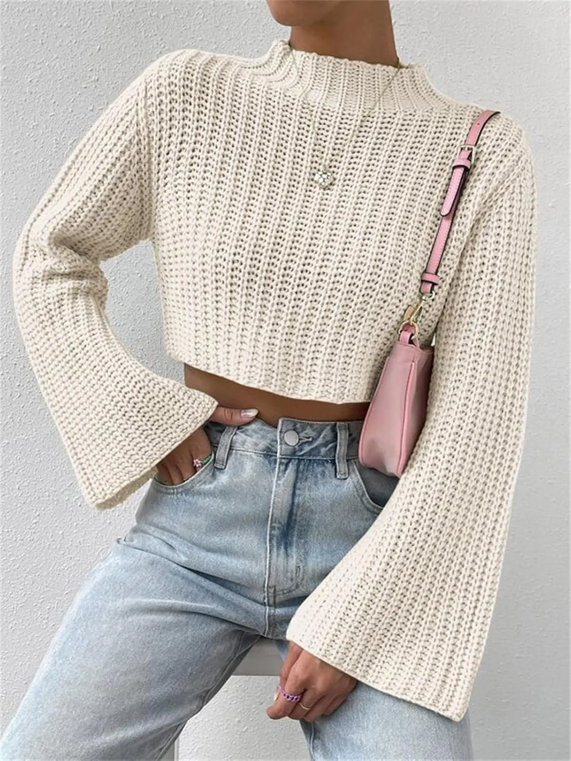 HOULENGS Women's Casual Mock Neck Chunky Knit Cropped Sweater Bell Long Sleeve Ribbed Knit Pullover Tops