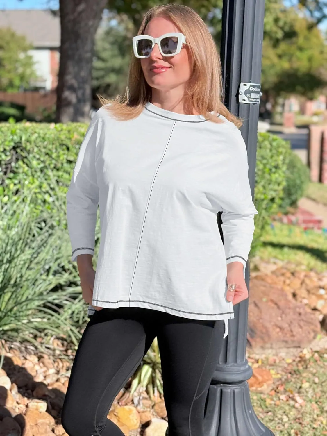 Imily Bela Womens Oversized Tops Long Sleeve Shirts Exposed Line Round Neck Tee Side Slit Cotton Basic Top 2025