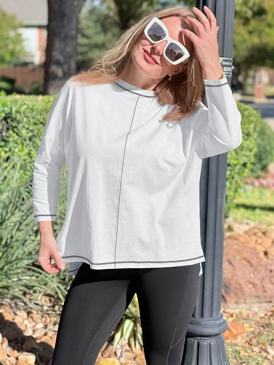 Imily Bela Womens Oversized Tops Long Sleeve Shirts Exposed Line Round Neck Tee Side Slit Cotton Basic Top 2025