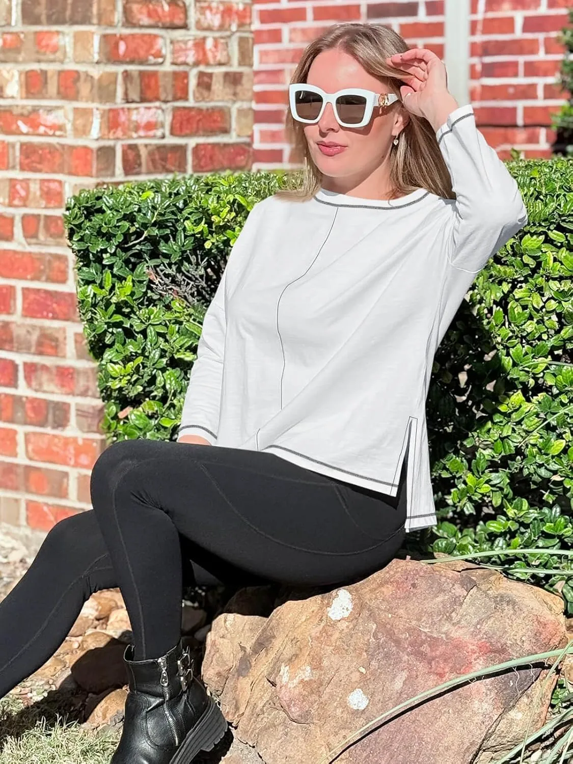 Imily Bela Womens Oversized Tops Long Sleeve Shirts Exposed Line Round Neck Tee Side Slit Cotton Basic Top 2025