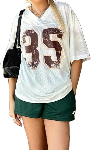 Jersey Shirts for Women Y2k Number Graphic Tees V Neck Half Sleeve Oversized T-Shirts Streetwear