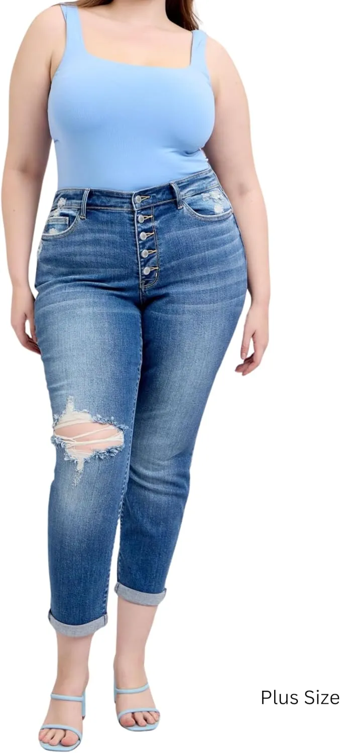 Judy Blue Mid Rise Button-Fly Boyfriend Jeans, Inseam 30"