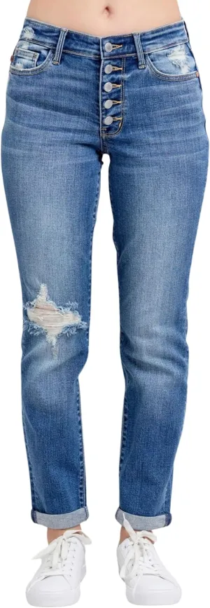 Judy Blue Mid Rise Button-Fly Boyfriend Jeans, Inseam 30"
