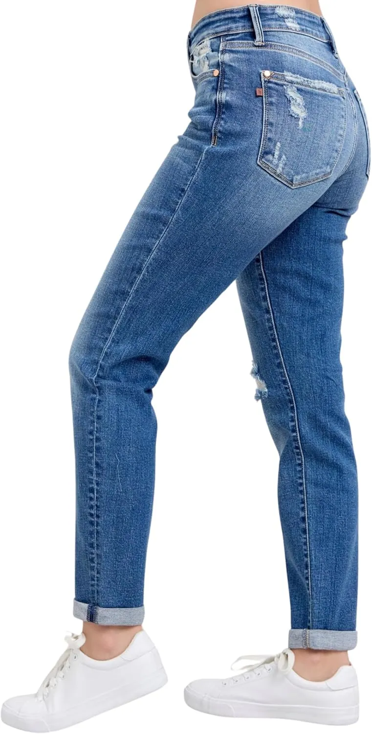 Judy Blue Mid Rise Button-Fly Boyfriend Jeans, Inseam 30"
