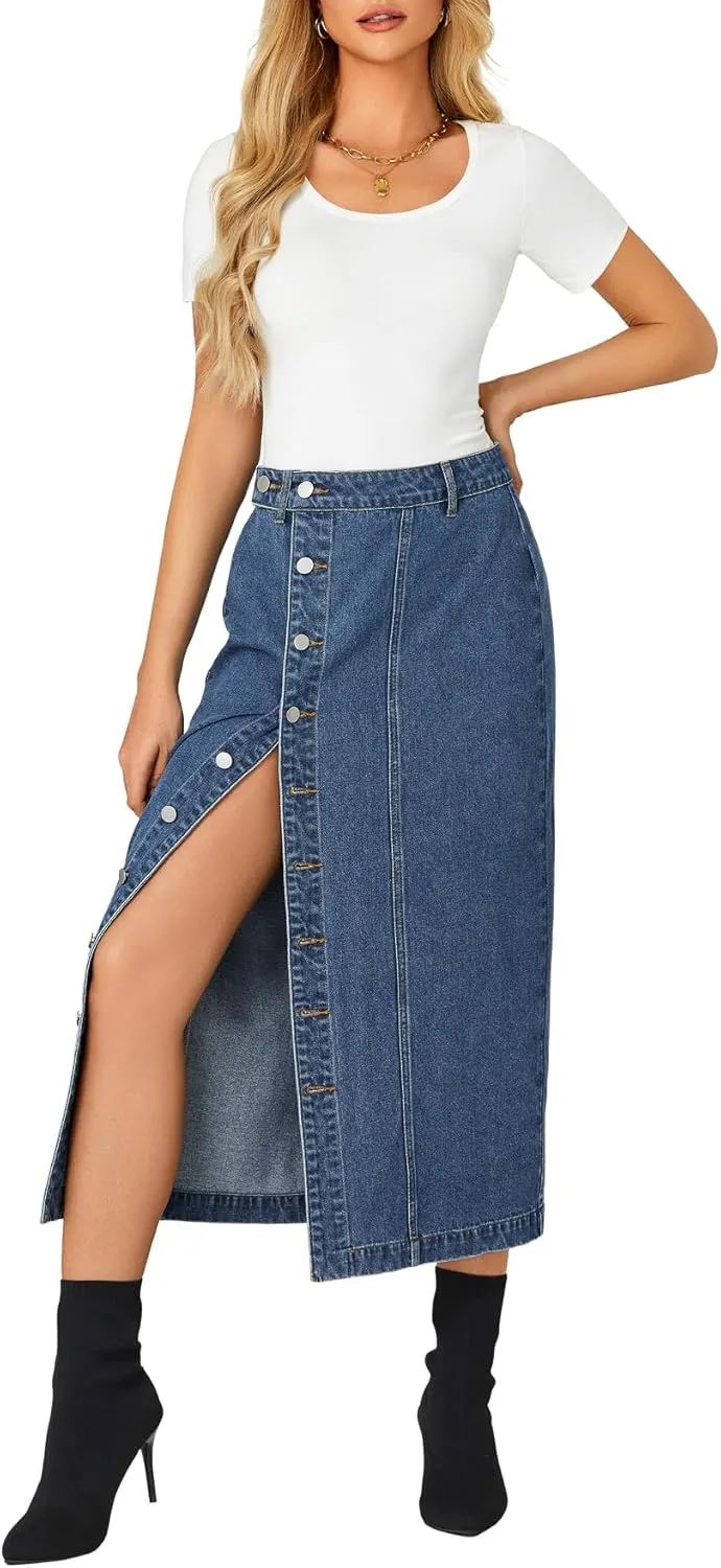 KIFOVEN Women's Casual Slit Jean Midi Skirt High Waist Button Up Denim Skirt
