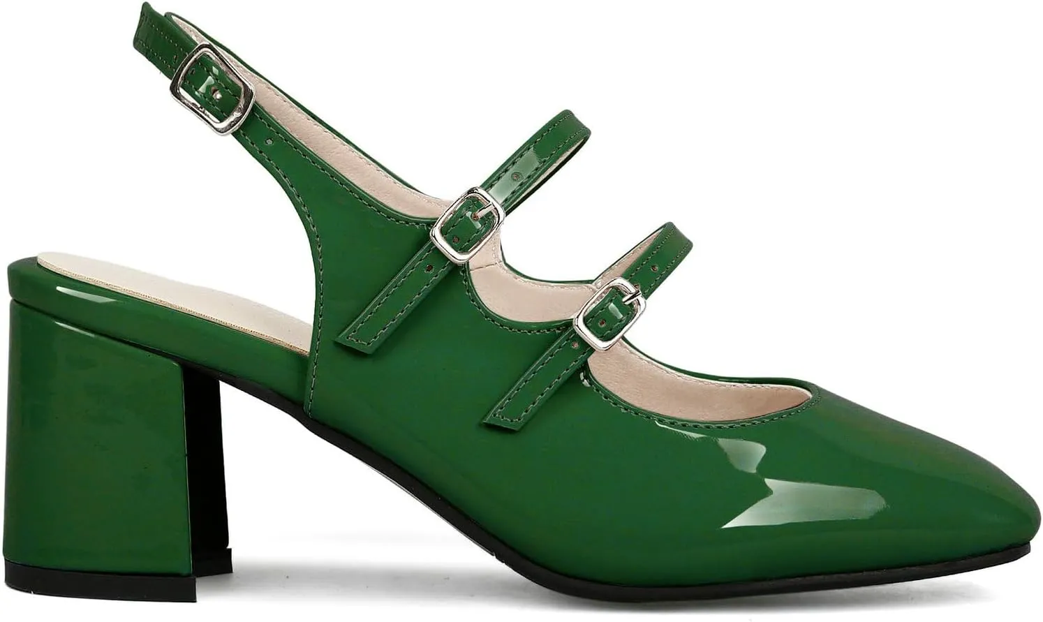 KysBloes Women Square Toe Slingback Pumps Patent Leather Chunky Heel Mary Janes Comfortable Strappy Pumps