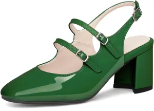 KysBloes Women Square Toe Slingback Pumps Patent Leather Chunky Heel Mary Janes Comfortable Strappy Pumps