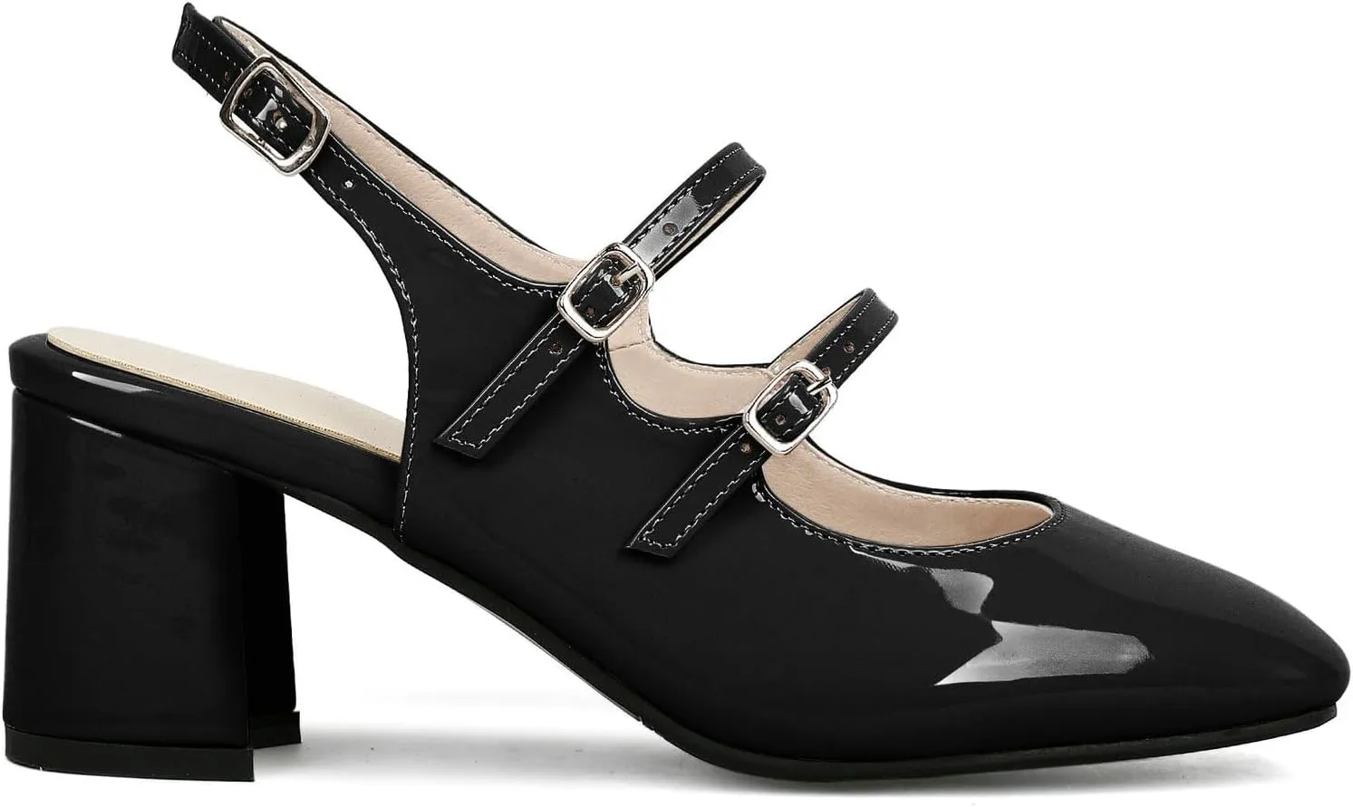 KysBloes Women Square Toe Slingback Pumps Patent Leather Chunky Heel Mary Janes Comfortable Strappy Pumps