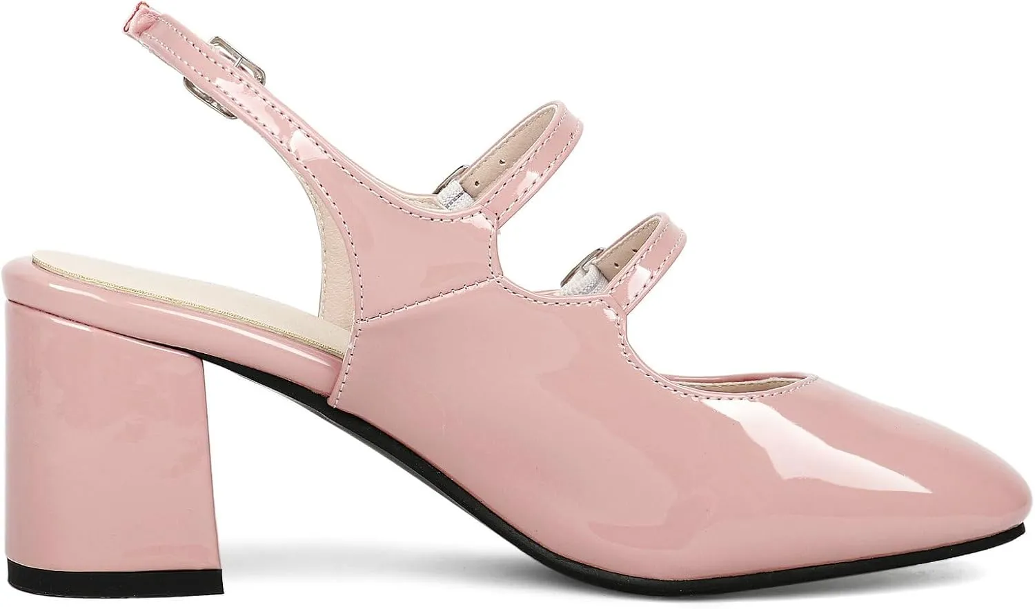 KysBloes Women Square Toe Slingback Pumps Patent Leather Chunky Heel Mary Janes Comfortable Strappy Pumps