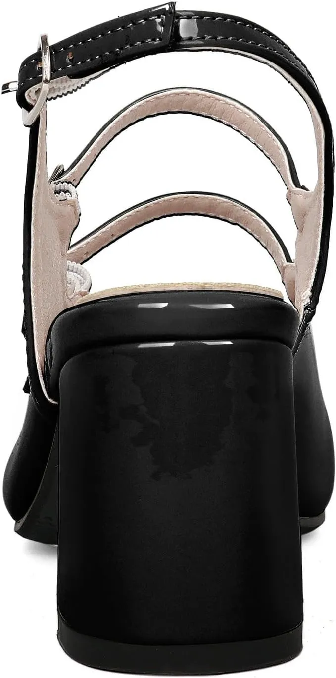 KysBloes Women Square Toe Slingback Pumps Patent Leather Chunky Heel Mary Janes Comfortable Strappy Pumps