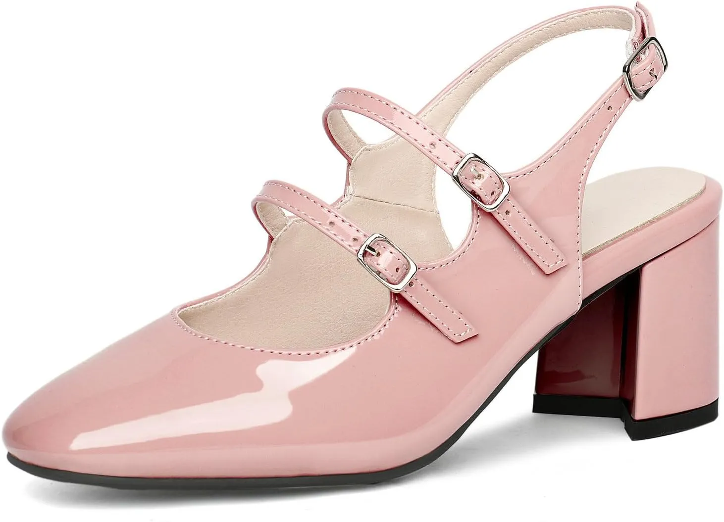 KysBloes Women Square Toe Slingback Pumps Patent Leather Chunky Heel Mary Janes Comfortable Strappy Pumps