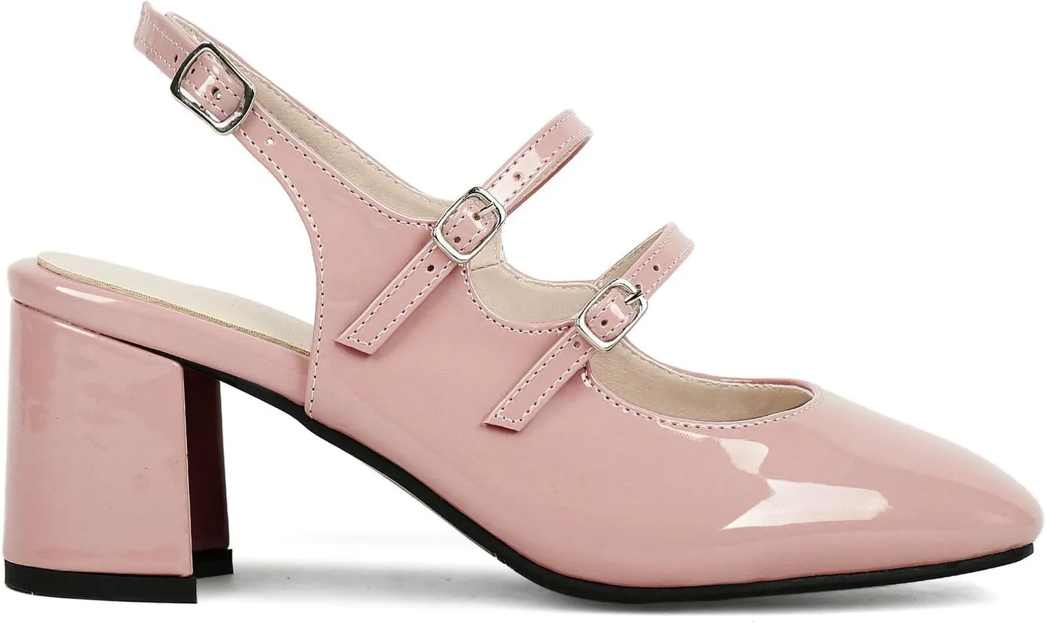KysBloes Women Square Toe Slingback Pumps Patent Leather Chunky Heel Mary Janes Comfortable Strappy Pumps