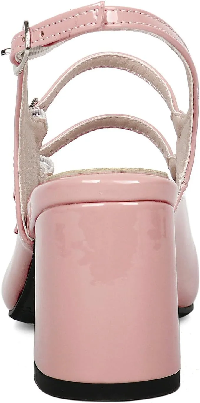 KysBloes Women Square Toe Slingback Pumps Patent Leather Chunky Heel Mary Janes Comfortable Strappy Pumps