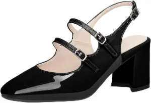 KysBloes Women Square Toe Slingback Pumps Patent Leather Chunky Heel Mary Janes Comfortable Strappy Pumps
