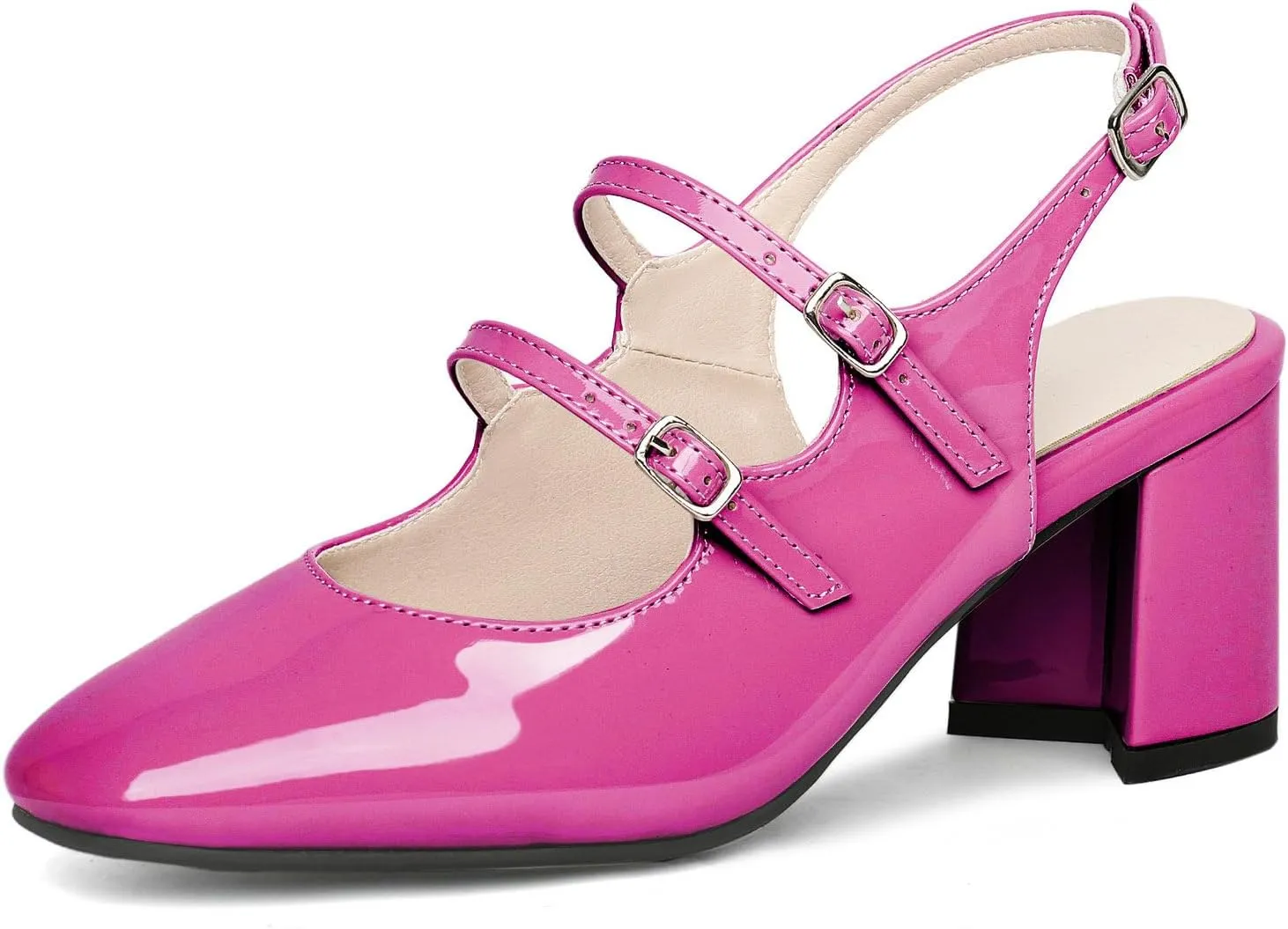 KysBloes Women Square Toe Slingback Pumps Patent Leather Chunky Heel Mary Janes Comfortable Strappy Pumps