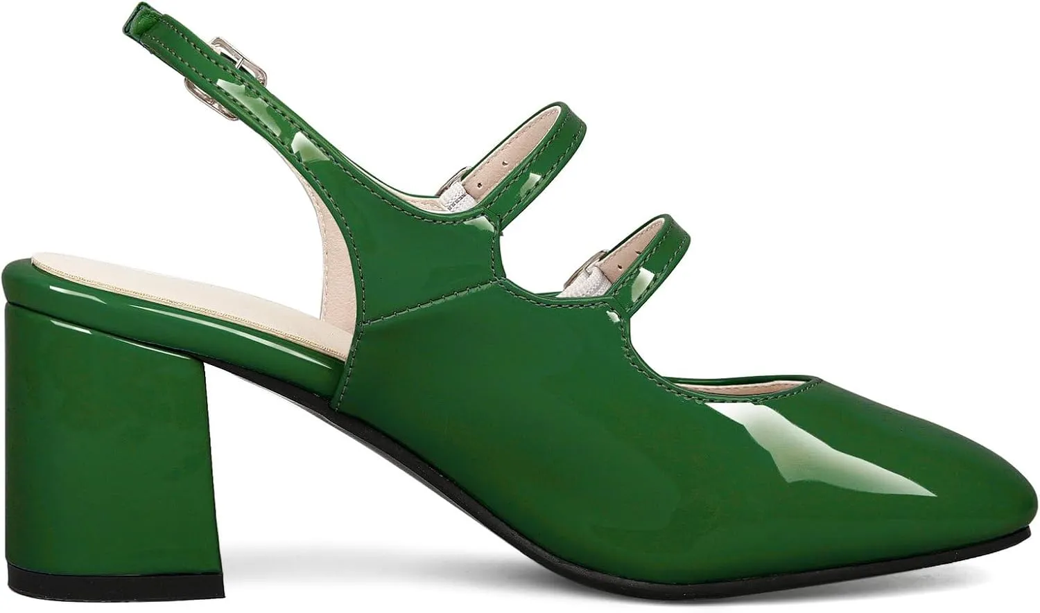 KysBloes Women Square Toe Slingback Pumps Patent Leather Chunky Heel Mary Janes Comfortable Strappy Pumps