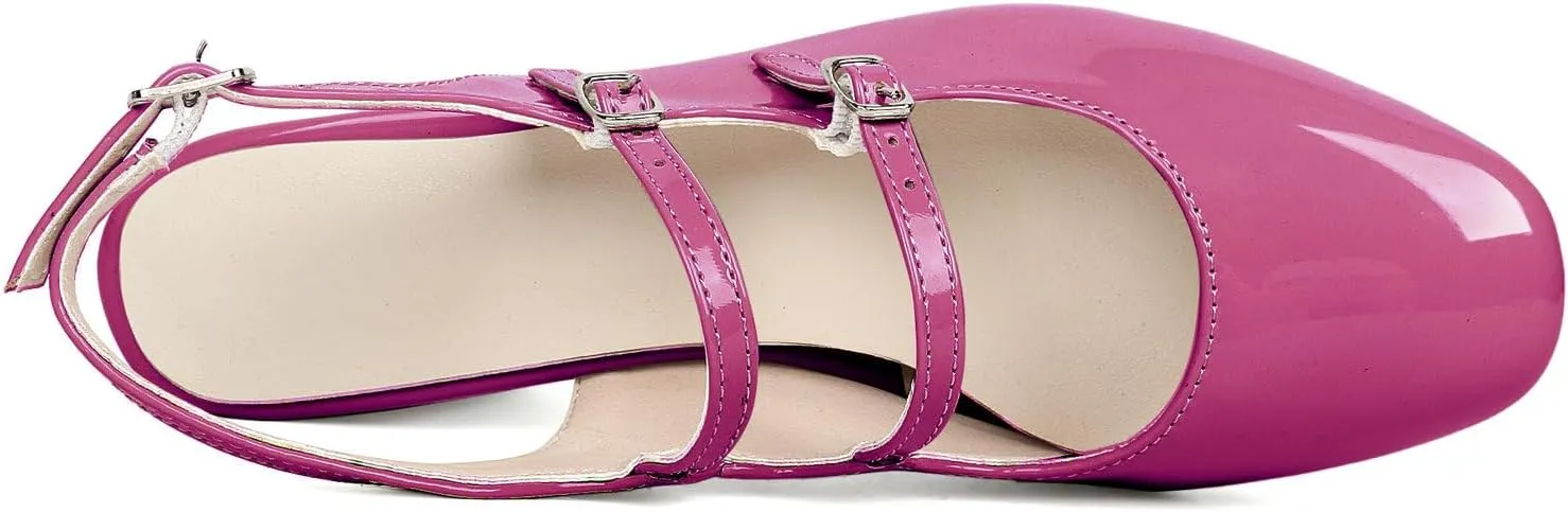 KysBloes Women Square Toe Slingback Pumps Patent Leather Chunky Heel Mary Janes Comfortable Strappy Pumps