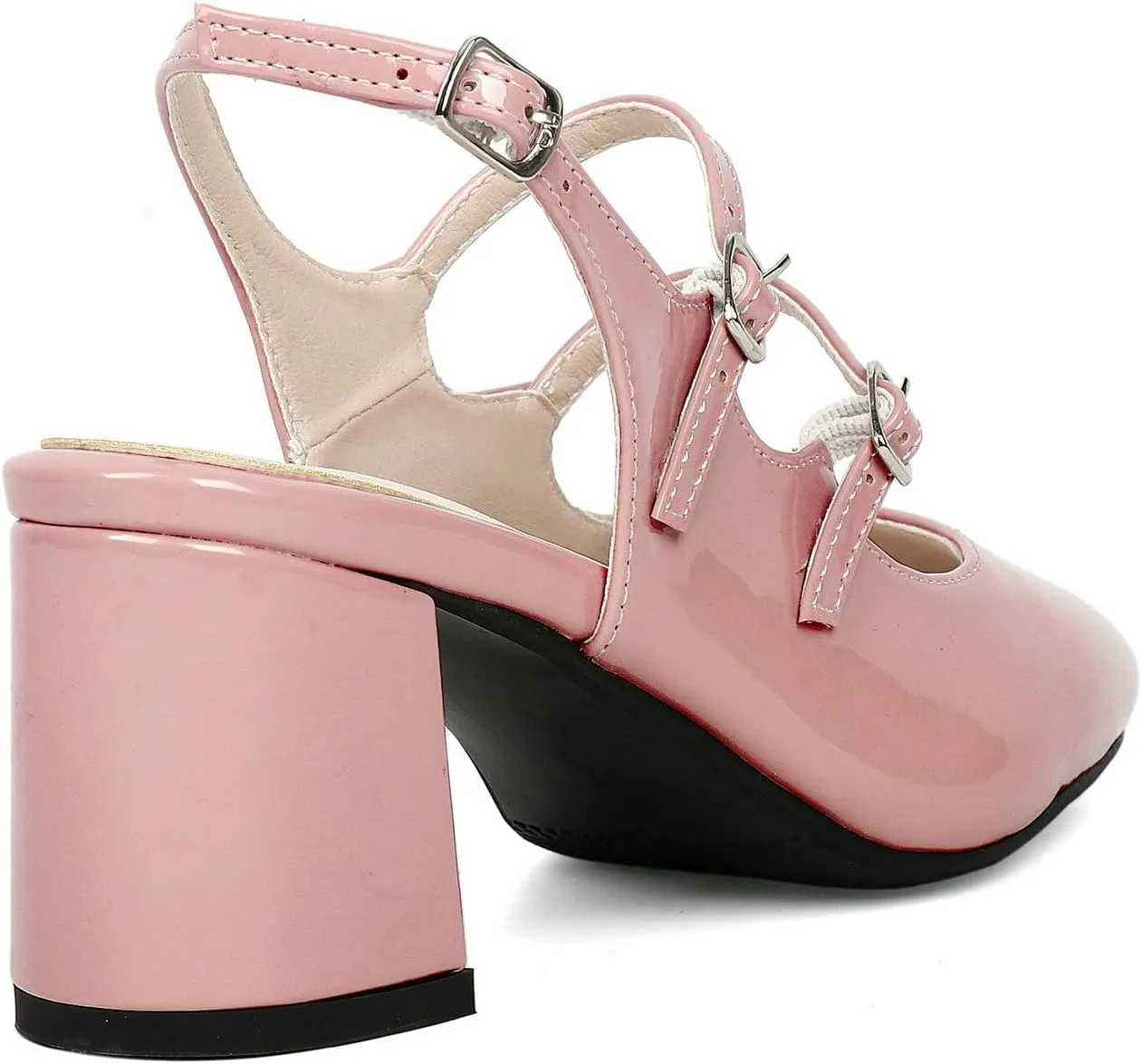 KysBloes Women Square Toe Slingback Pumps Patent Leather Chunky Heel Mary Janes Comfortable Strappy Pumps