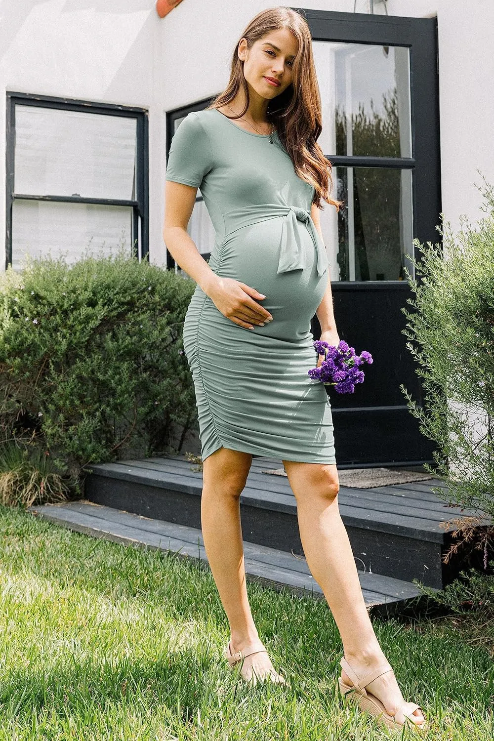 LaClef Maternity Short Sleeve Bodycon Dress with Tie Front, Side Ruched