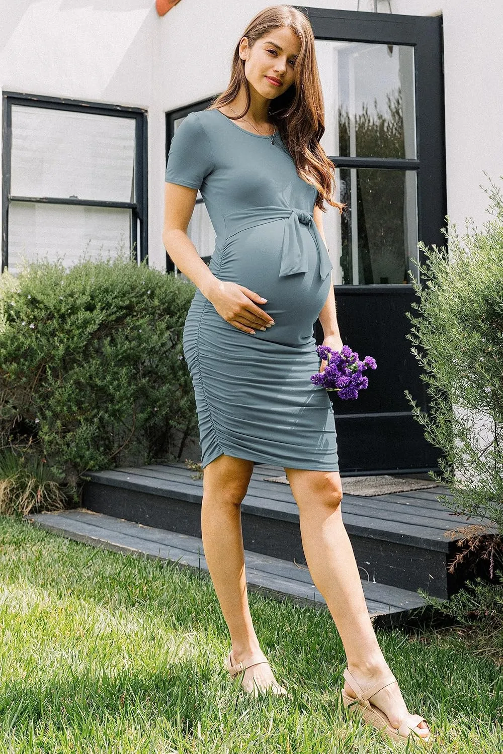 LaClef Maternity Short Sleeve Bodycon Dress with Tie Front, Side Ruched