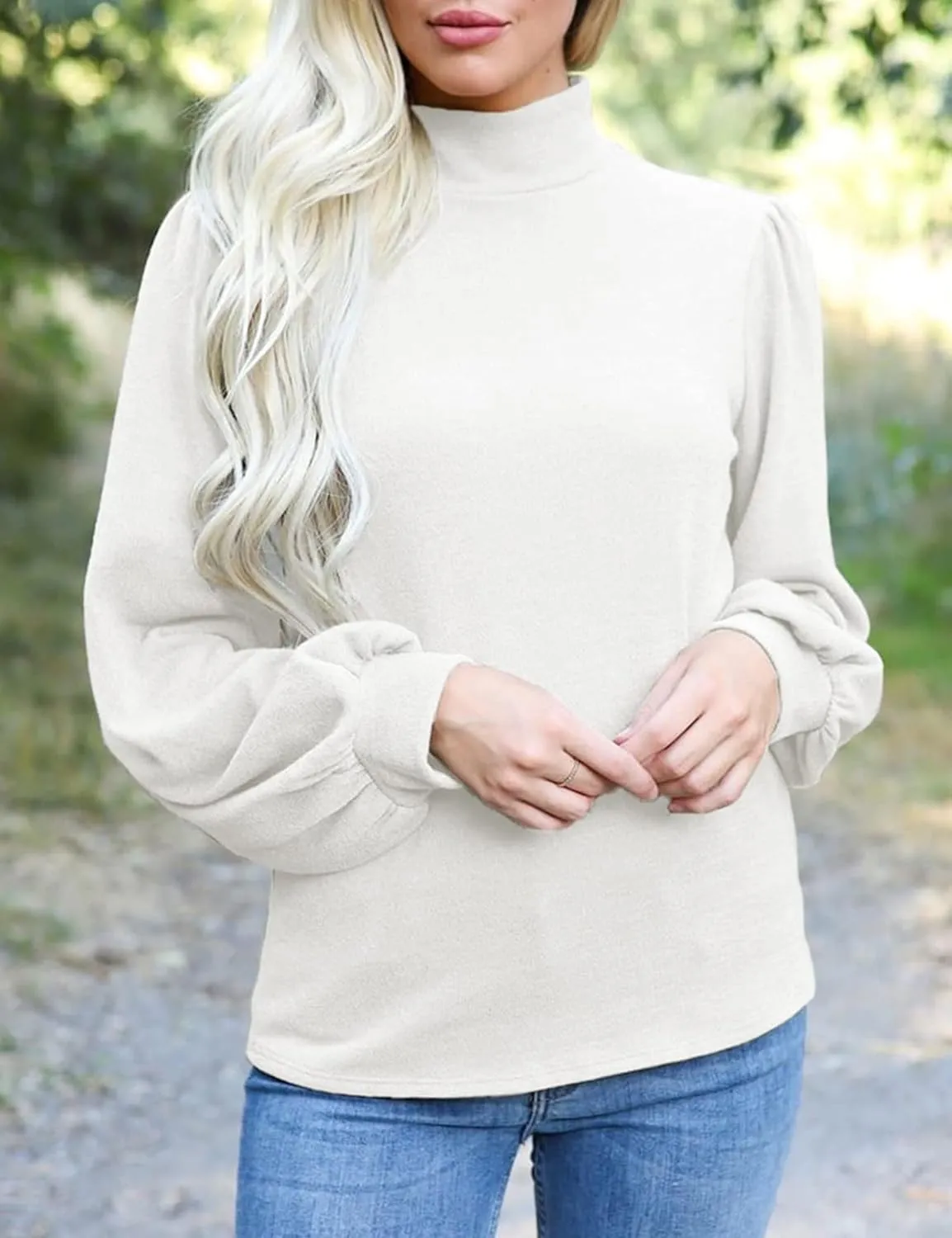 Ladmous Womens Button Back Tops Balloon Sleeve Loose Casual Workout O Neck Blouses