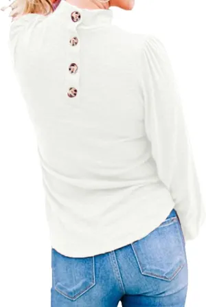 Ladmous Womens Button Back Tops Balloon Sleeve Loose Casual Workout O Neck Blouses