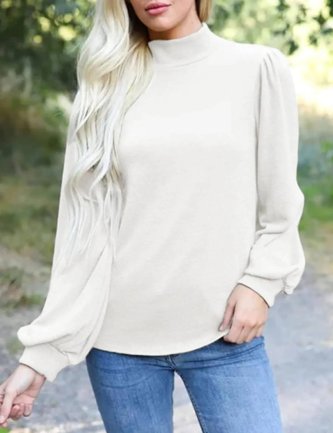 Ladmous Womens Button Back Tops Balloon Sleeve Loose Casual Workout O Neck Blouses