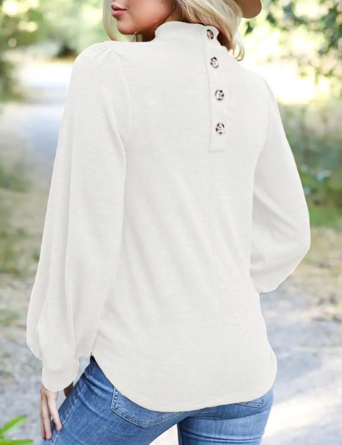Ladmous Womens Button Back Tops Balloon Sleeve Loose Casual Workout O Neck Blouses